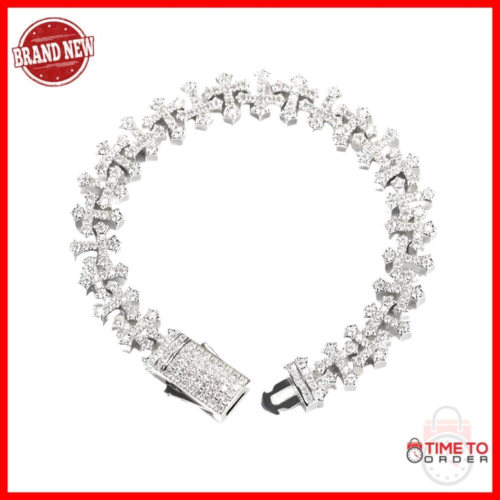 Sterling Silver Iced Out Cross Link Bracelet Hip Hop Jewelry 7 Inch